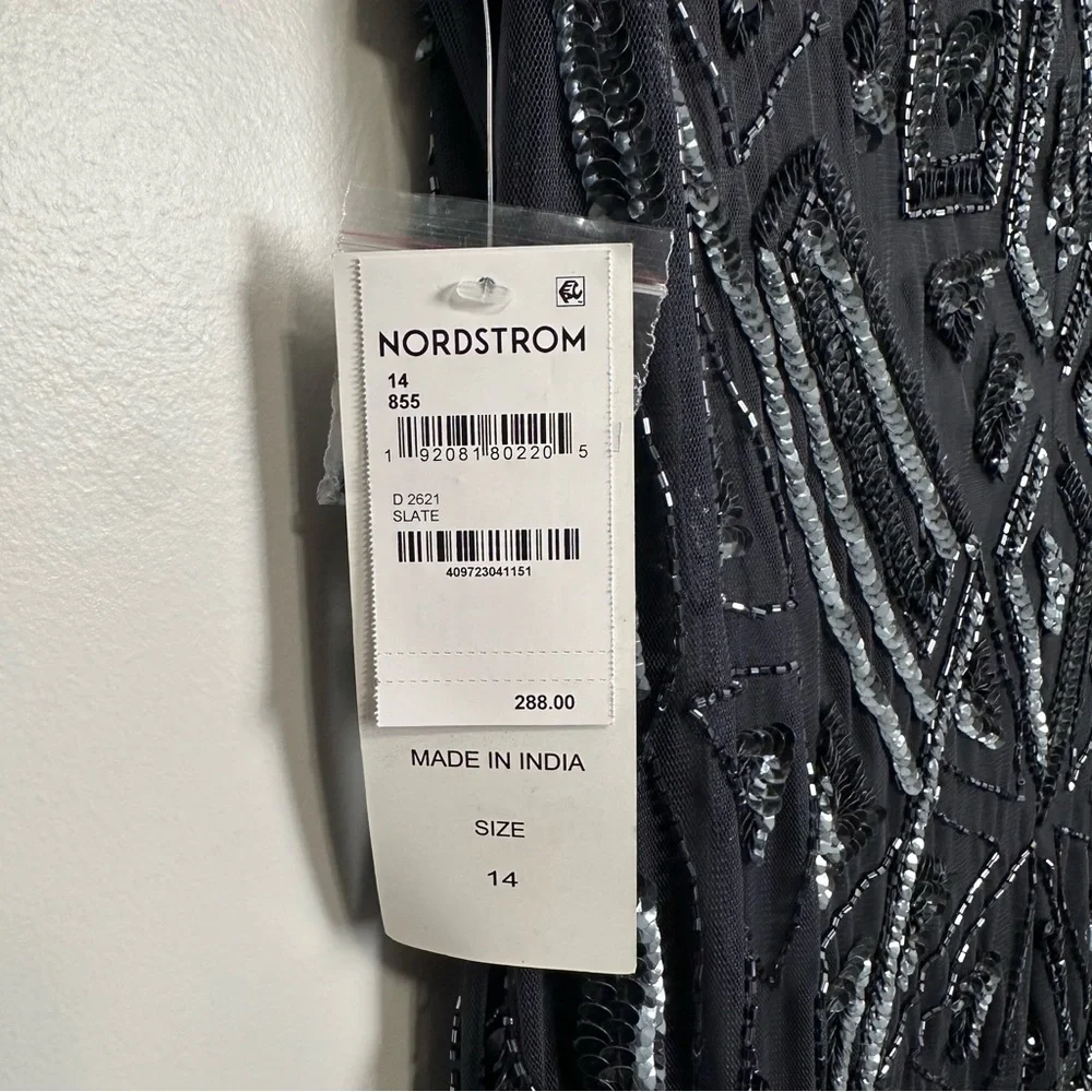 Pisarro Nights Slate Blue Geometric Beaded Sleeveless Gown D-2621 Size 14 - Picture 9 of 13